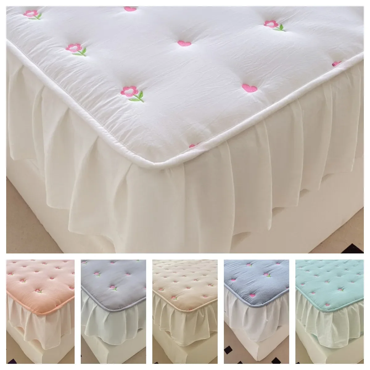 1PC Embroidery Floral Mattress Cover Thicken Lace Quilted Bed Cover with Elastic Band Solid Color 매트리스커버 Queen/King Bed Sheets