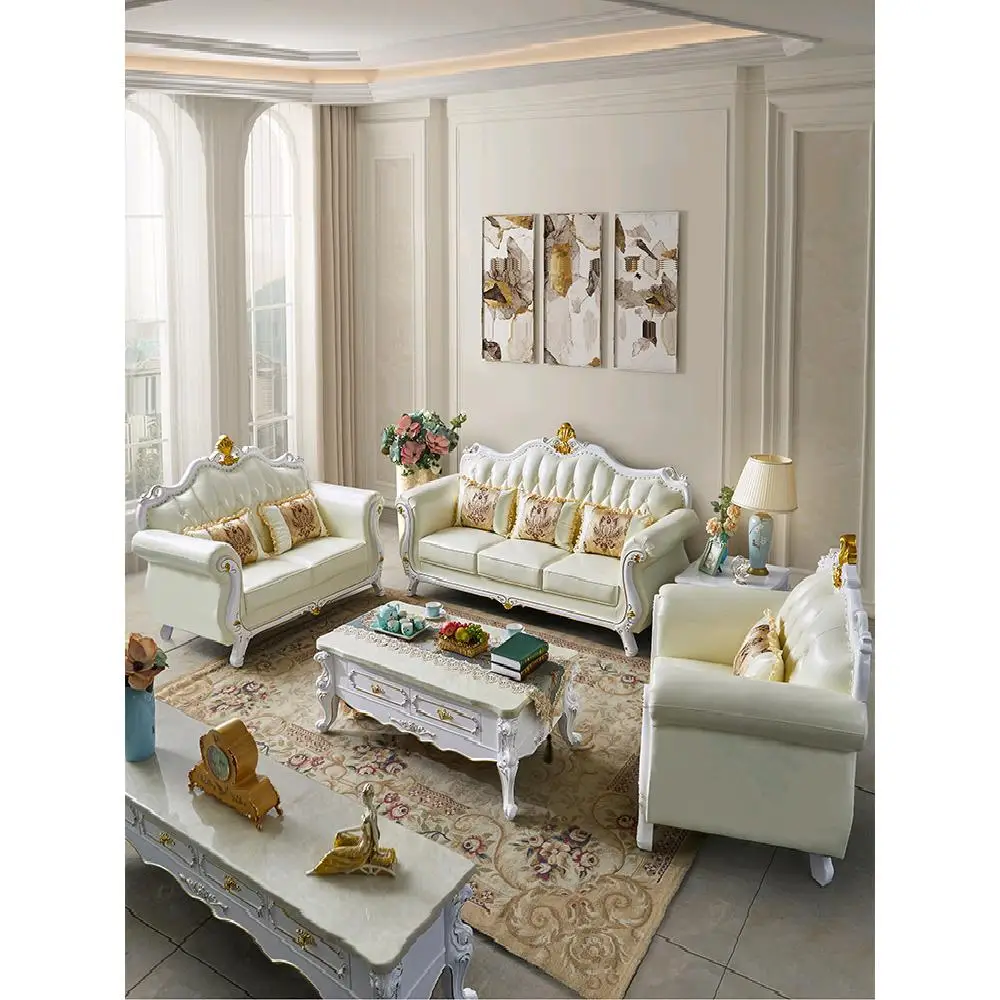 

New European leather sofa 123 combination solid wood carving flower U-shaped living room furniture modern simple A