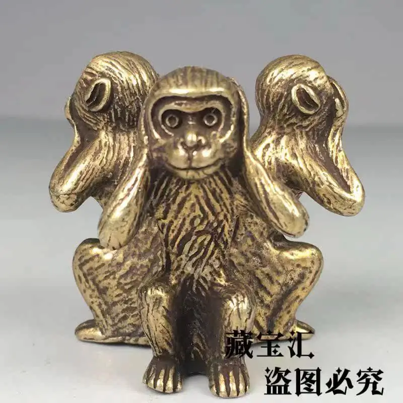 Antique Style Brass Three Wise Monkeys Sculpture Hear No Evil See No Evil Speak No Evil Tea Pet Desktop Tea Ornament view 2