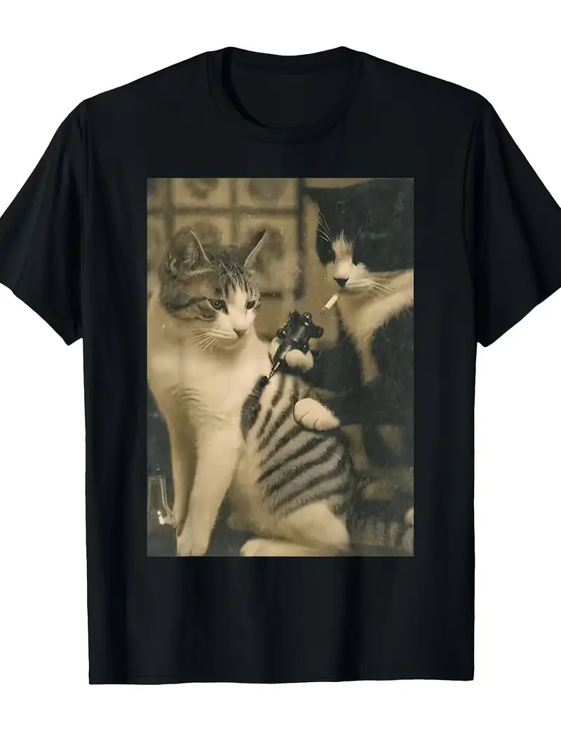 Vintae Smokin Tattoo Cartoon Artist Fun T-Shirt Casual Round Neck Short Sleeves Slightly Stretchy For Men And Women All Seasons
