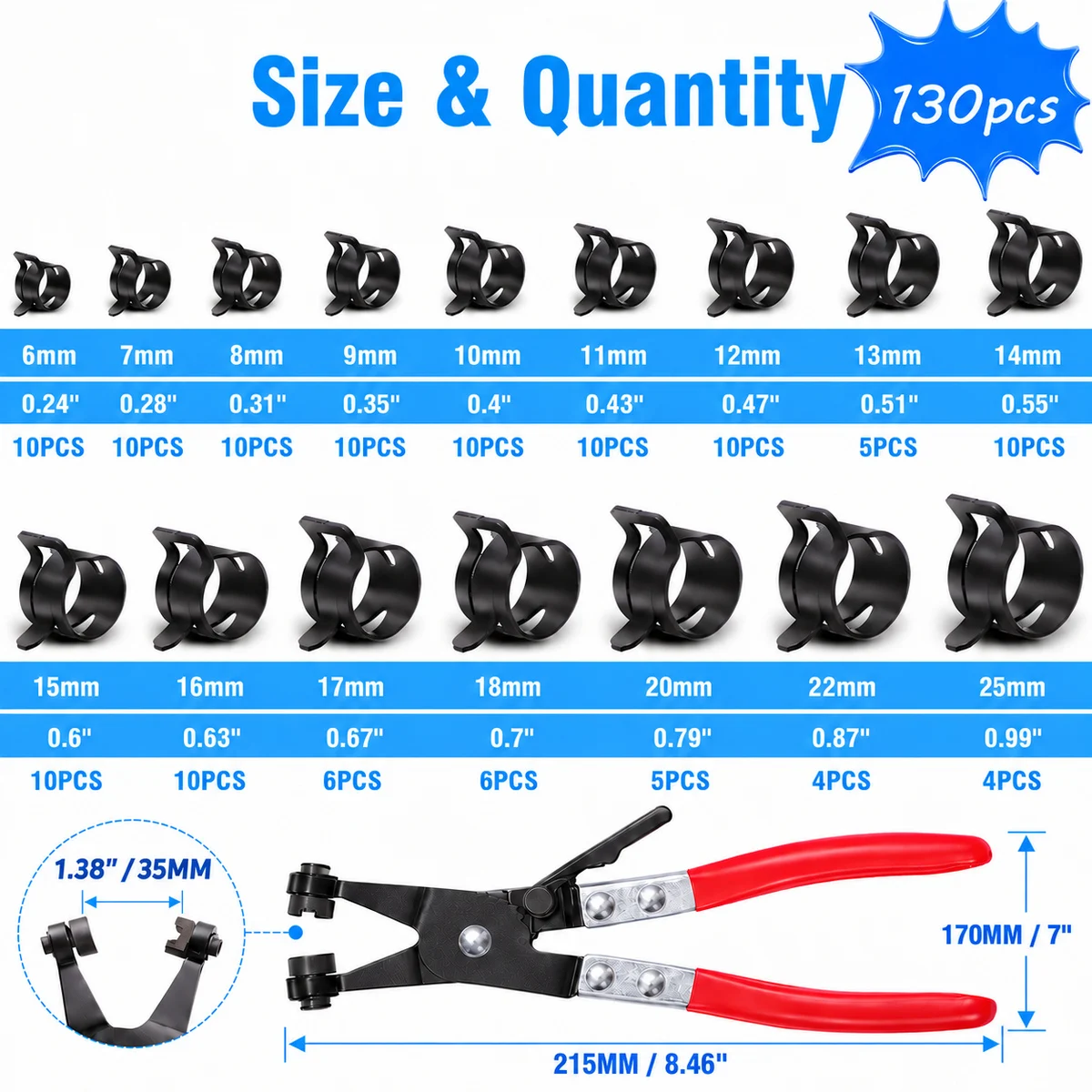 130Pcs Spring Hose Clamps Kit 6-25mm 16 Sizes 65Mn Spring Steel with Swivel Pliers for Fuel Lines Vacuum Silicone Hoses