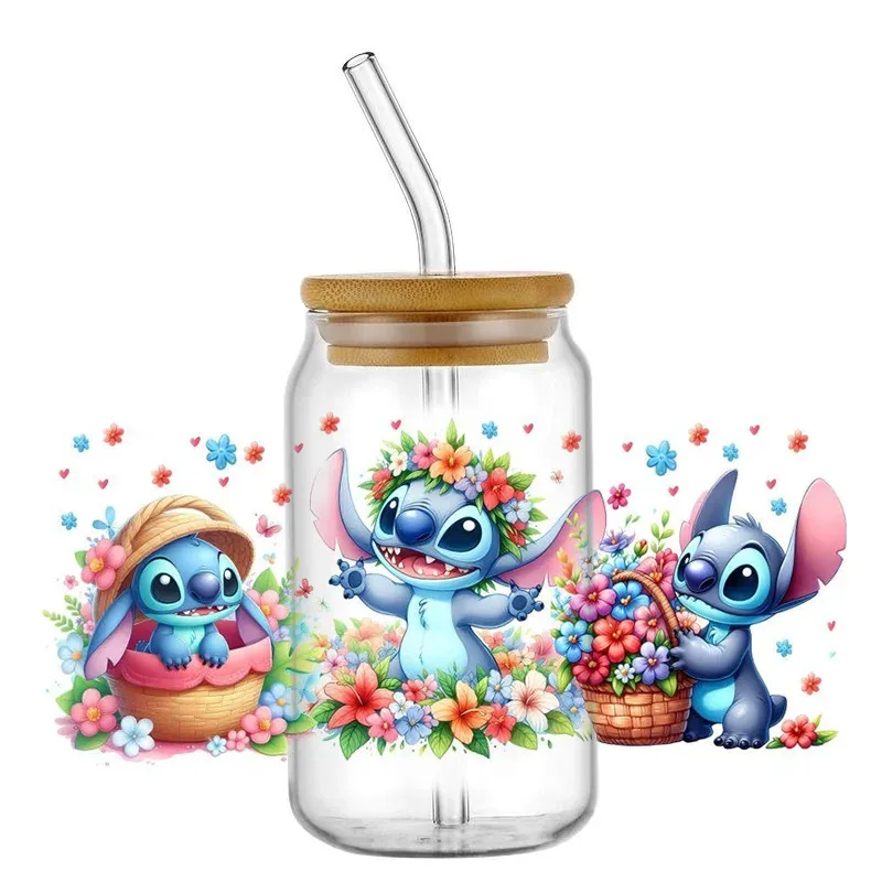 16oz Libbey Beer Coffee Glass Can Cup Wrap UV DTF DIY Sticker Self Adhesive 3D Cartoon New Stitch Design