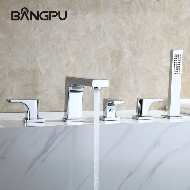 

5 Hole Bathtub Faucet Set with Handheld Shower Deck Mount Bathroom Bath Tub Faucet Set Roman Tub Faucet with Hand Shower Chrome