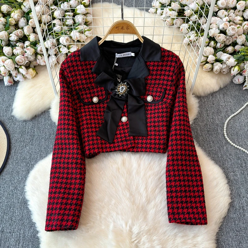 Autumn Winter Two Piece Skirt Set Casual socialite Elehant Tweed Jacket Half Skirt Two-Piece Set Basic Short Single Breast Coat