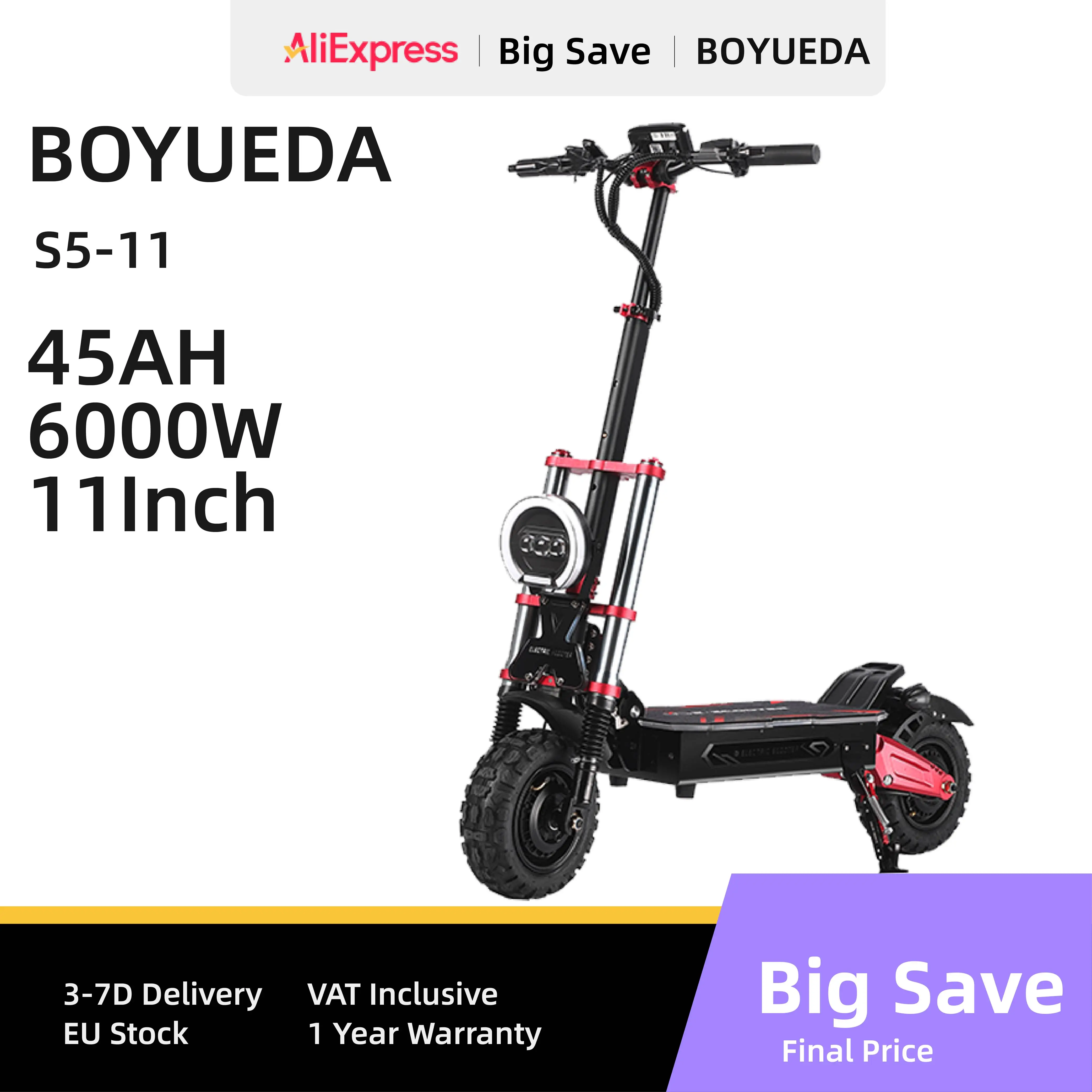 BOYUEDA S5-11 E-Scooter 6000W Dual Motor 60V38AH Battery NFC Activated App Control Escooter Silent Tires Electric Scooter