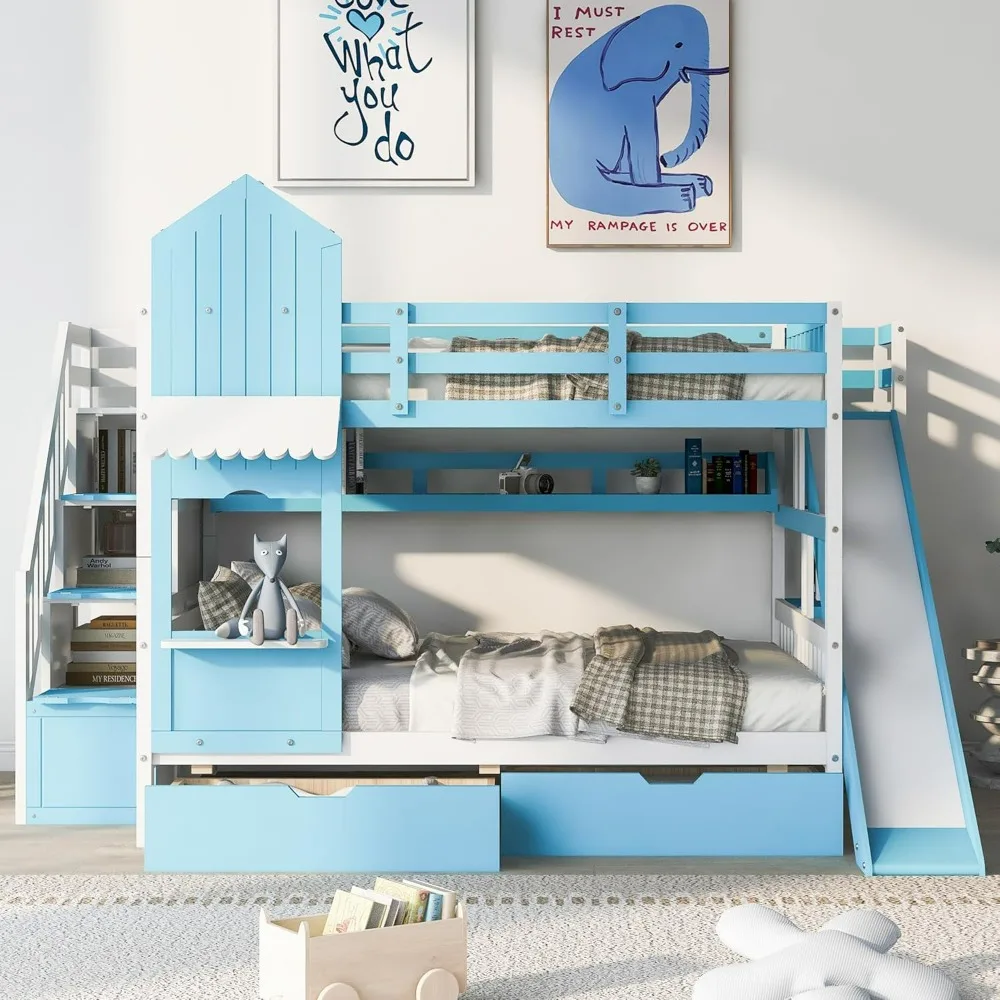 

Kids Bunk Bed with Stairs and Slide, Wood Full Over Full Bunk Bed with Storage Drawers and Shelves, Castle Style Bunk Beds