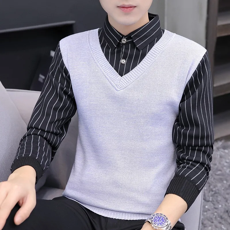 2024 New Men's Casual Fake Two Sweaters and Knitwear Fashion Plaid Letter Print Sweater Vest Long Sleeved Shirts