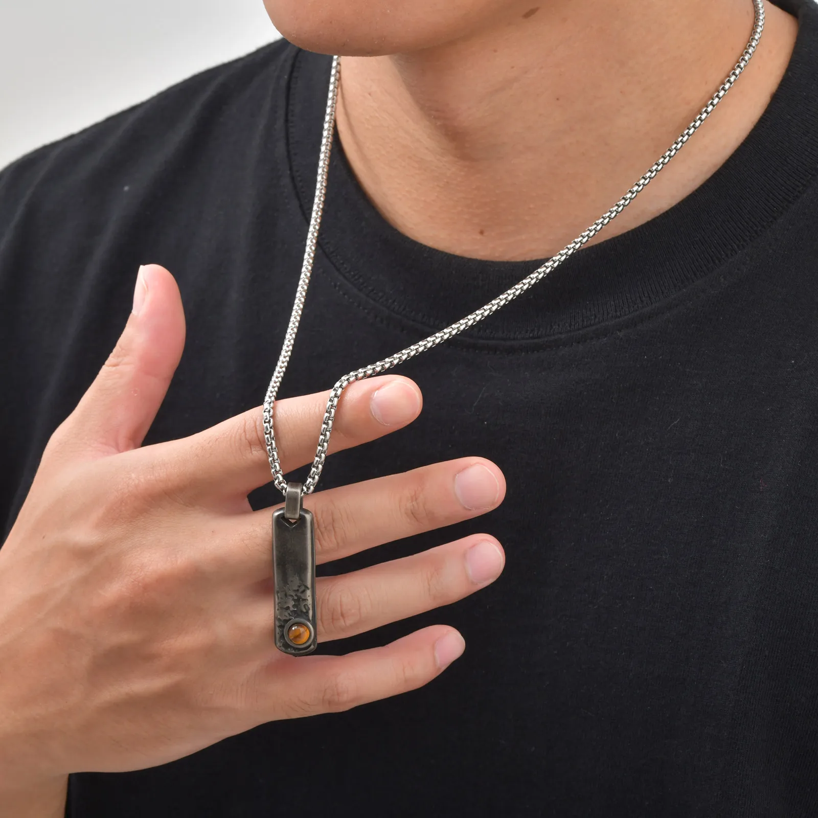 Vintage Men's Natural Stone Rectangle Pendant Necklace,Grey Stainless Steel Thin Bar Necklace,Birthday Party Jewelry Gift