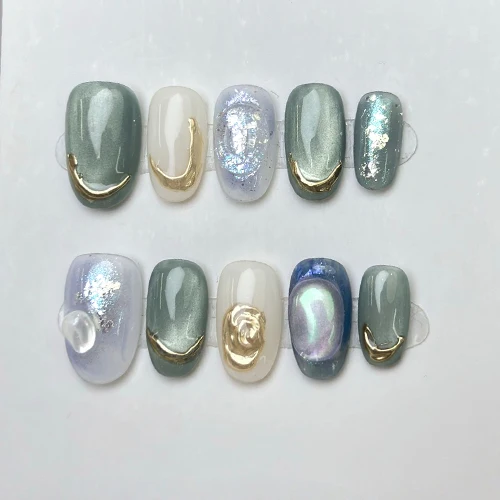 10 stuks handgemaakte pers op nagels Cat Eye ontwerp kunstnagels draagbaar afneembaar stoffig roze glitter elliptisch gevormde nep-nageltips