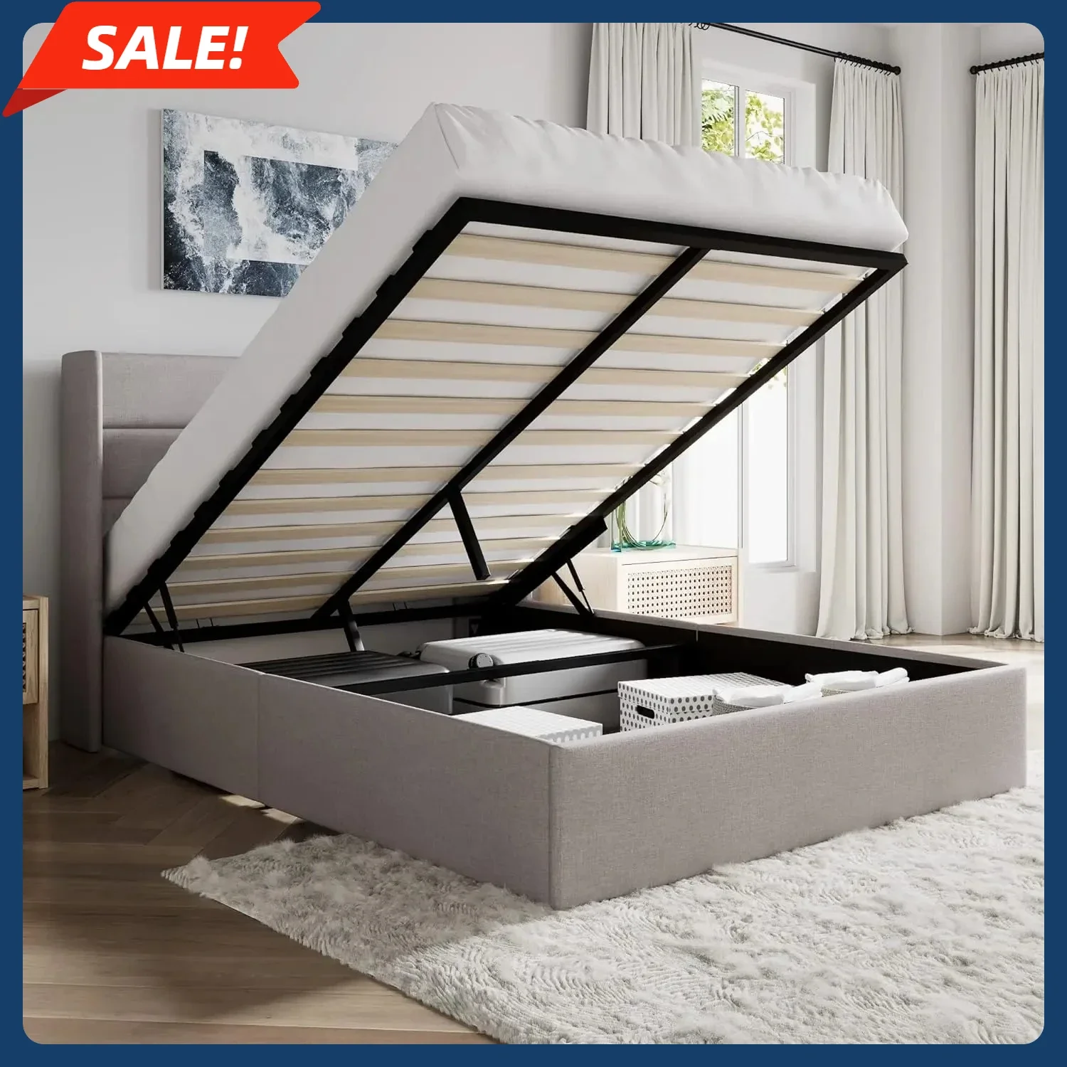 เตียงยกเก็บของขนาดควีนไซส์ทันสมัย โครงเตียงหุ้มเบาะพร้อมหัวเตียงแบบมีปีก ไม่ต้องใช้ฐานรองเตียง