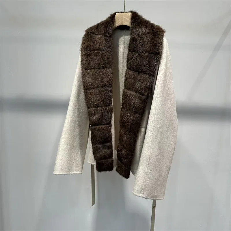 

Autumn/Winter Premium Mink Collar Sheepskin Belt Double-Faced Cashmere Coat Women'S Mid-Length Wool Blend Outerwear