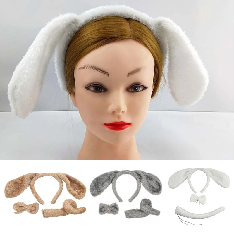 Y1UB – bandeau oreilles chien en peluche décontracté, nœud + queue, cerceaux en poils d'animaux pour cosplayer