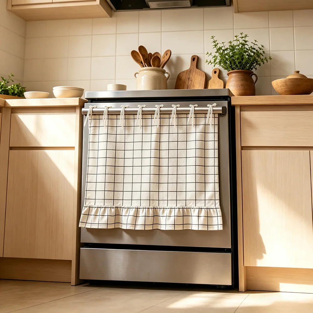 1pc Kitchen Appliance Skirt Curtain Polyester Black White 8 Lace Ties Ruffle Hem Home Kitchen Refrigerator Dishwasher Dust Cover