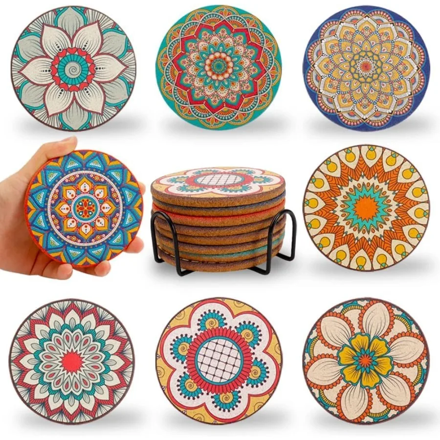 

Christmas Coasters Set of 8Cork Coasters for Drinks Cute Drink Coaster with Holder Colorful Coaster for Apartment Home Bar Chri