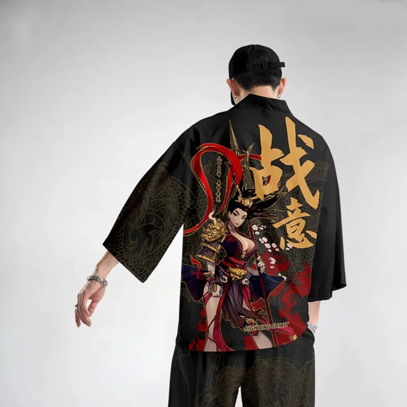 Set Celana Kimono Haori Antik Gaya Jepang Celana Mantel Kimono Kostum Kardigan Samurai Pakaian Jalanan Harajuku Tradisional Pria
