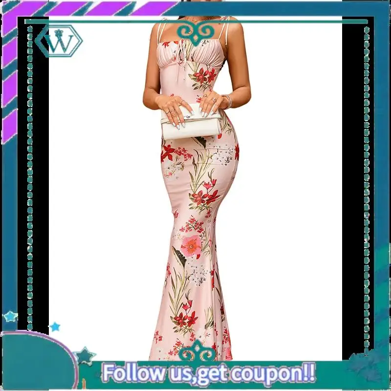 A09P Women's Summer Floral Bodycon Maxi Dress Spaghetti Strap Sleeveless Bohemian Maxi Dress