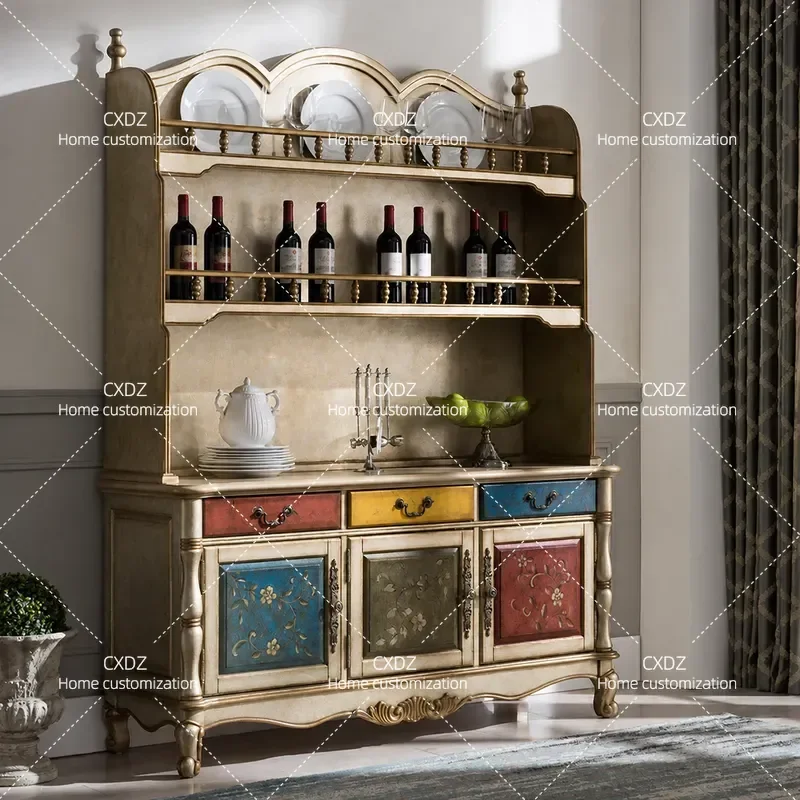 American Solid Wood Dining Side Cabinet Painted Carved Wine Storage Household Restaurant Tea Cabinet Villa Entrance Locker