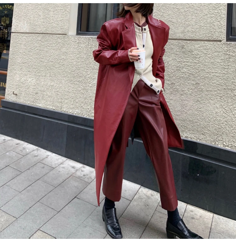 Manteau long en cuir rouge vin pour femme, manches longues, revers, printemps, décontracté, mode coréenne, automne, 2024