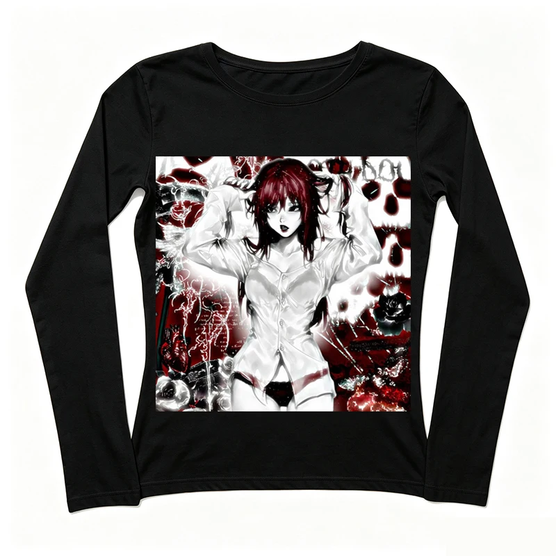 Grunge Alt Women Dark Red‑Hair Anime Girl Rose Graphic Short Sleeve Tee Crew Neck Slim White Y2K Punk Top
