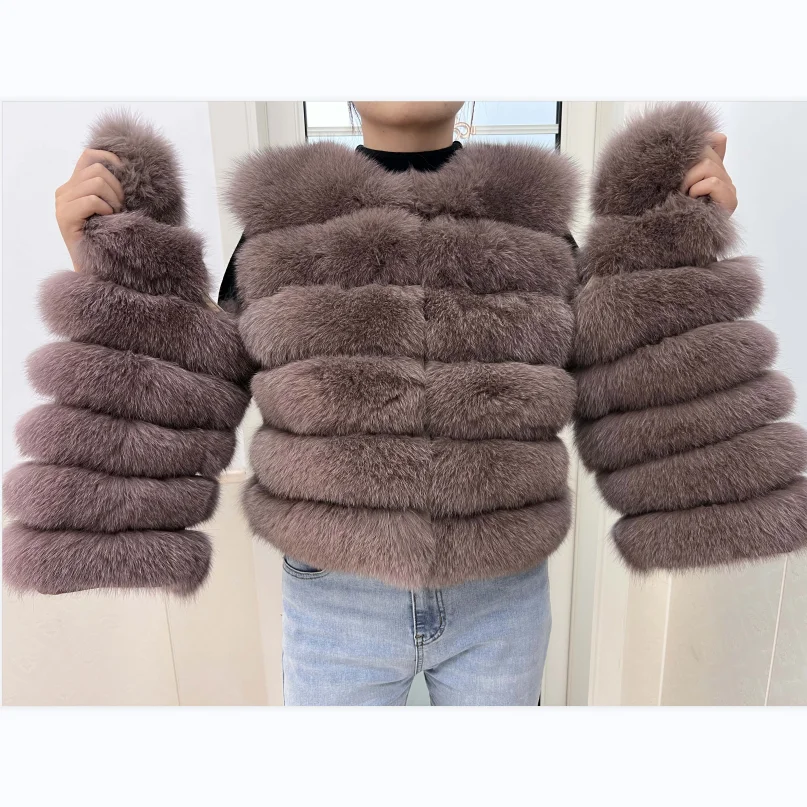 2024Natural Real Fox Fur Overcoat  Women\'s Warm Winter Jacket Vest  Luxury Shor Furry Fur Coat Removable Sleeves Autumn Big Size