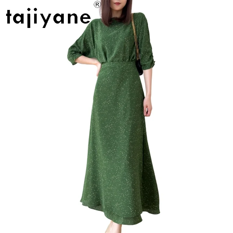 

TAJIYANE 100% mulberry silk Dresses for Women Summer Boat Neck Green Long Dress Women's Casual Dresses Woman Clothes 2026 원피스