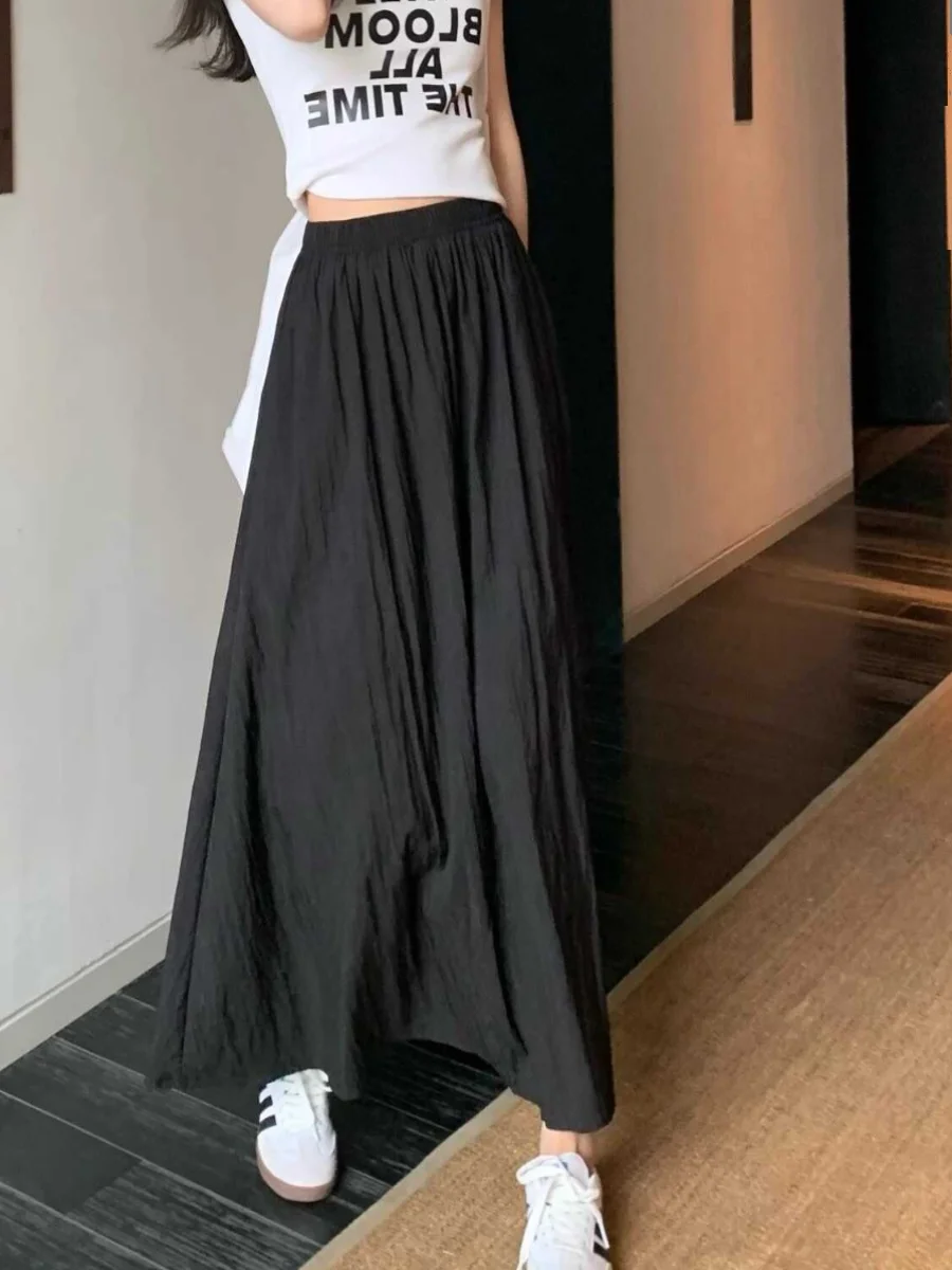Extra Large Size Ice Silk High Waist Draped Pleated Midi Skirt Summer Hip Conceal Slim A-Line Long Skirt for plus Size Women