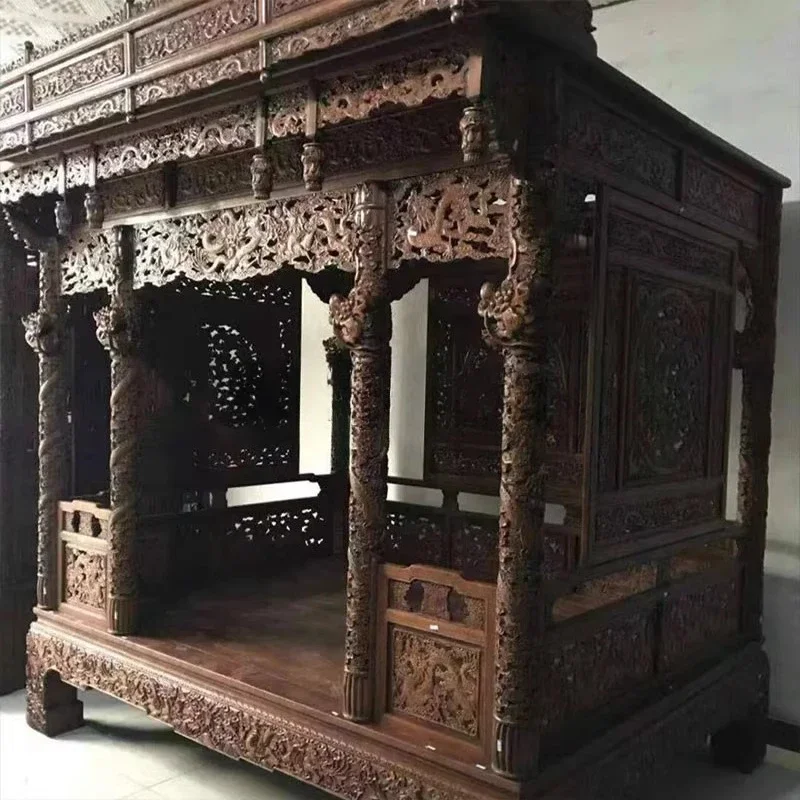 Rosewood Antique Carved Dragon Double Bed Palace Ten-column Dr Agon Be D Carved Shelf B Ed Chinese