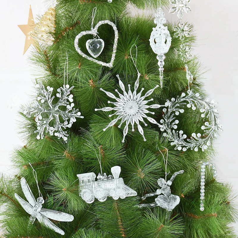 

Christmas Crystal ornament Transparent Xmas Tree Snowflake Wreath Dragonfly Ballet Train Cane Heart Home Decoration Pendant Gift
