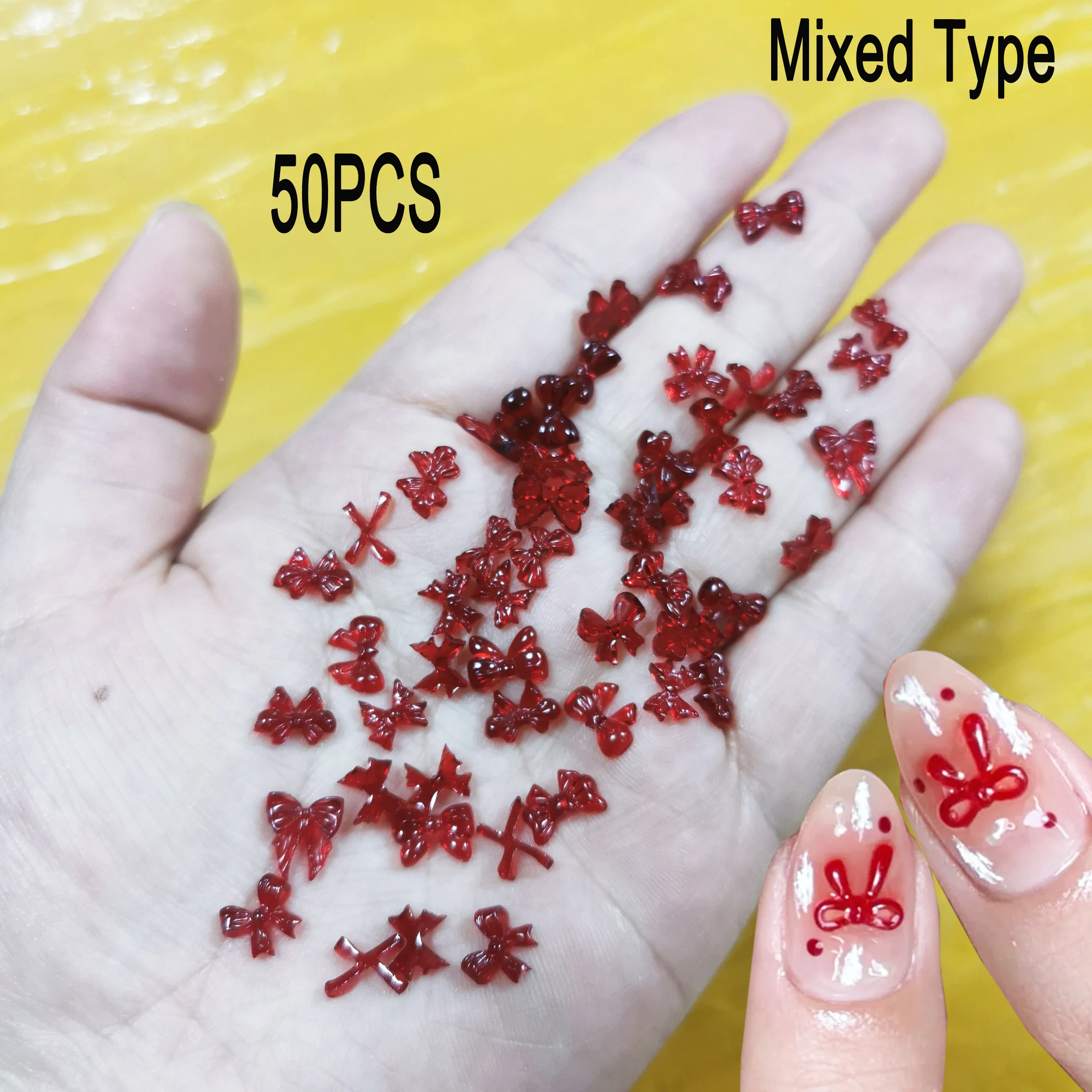 

50pcs 3D Mix Red Ribbon Bow Nail Charms Fall Winter Christmas Ice-Transparent Jelly Bowtie Nail Decoration Mini Bowknot NailPart