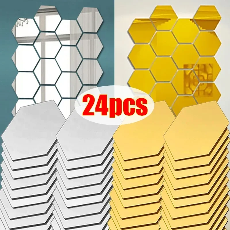 3D Mirror Wall Stickers Hexagon DIY Mirrors Sticker Self Adhesive Mosaic Tiles Decals for Bedroom Living Room Home Decoration