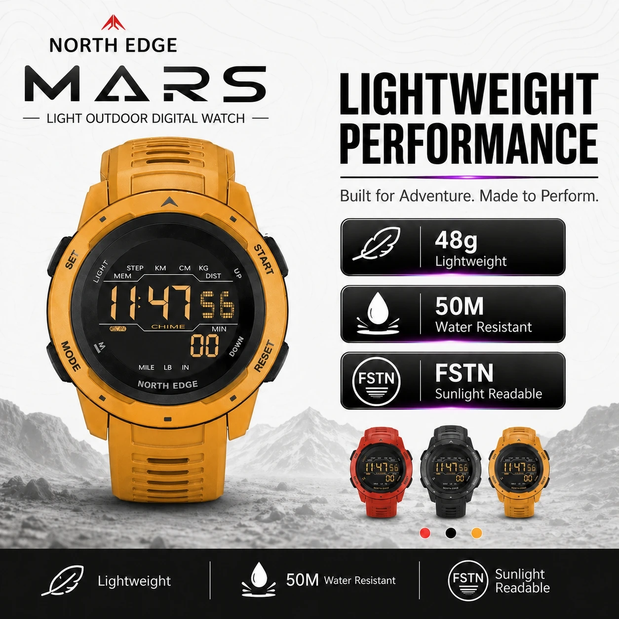 

NORTH EDGE MARS Outdoor Pedometer Watch for Men 50M Waterproof FSTN Digital Sports Watch Dual Time Countdown Alarm