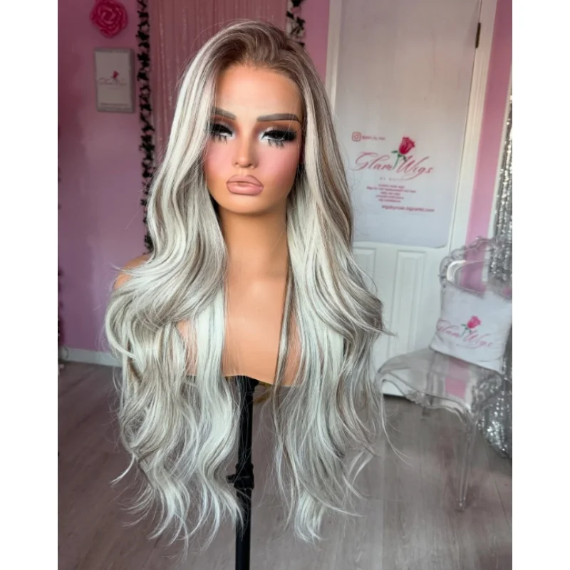 

Natural Platinum Blonde Wig Synthetic Lace Front Wig Ash Platinum Brown Streaks Wig Long Loose Wave Middle Part High Quality Wig