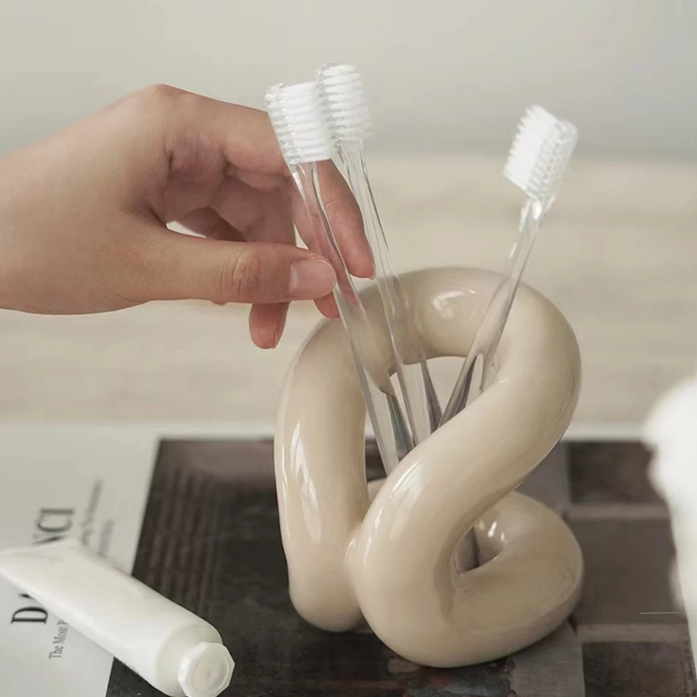 Soporte de cerámica para cepillo de dientes de baño, estante de almacenamiento con nudo de cuerda, organizador de maquillaje, decoración nórdica del hogar