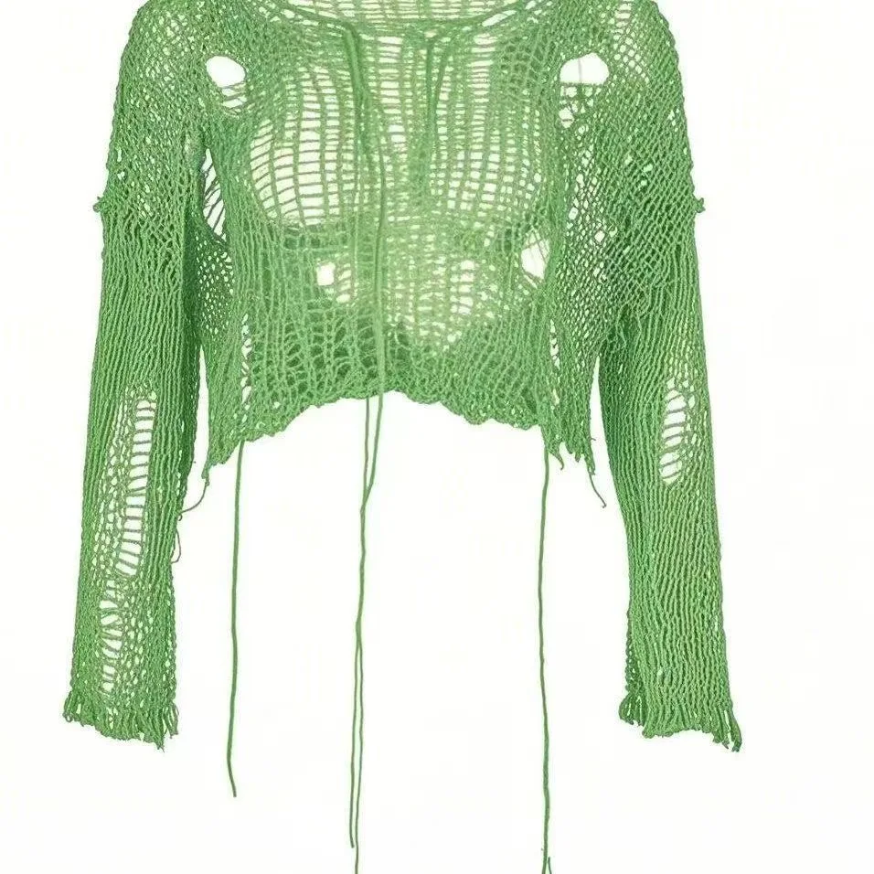 Y2k Abgeschnitten Loch Pullover Sexy Gyaru Aushöhlen Stricken Pullover Goth Koreanische Langarm Jumper Sommer Mode Sheer Strickwaren Tops