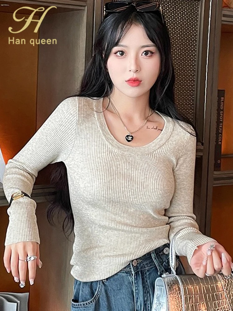 

H Han Queen 2022, осенне-зимний вязаный свитер, женские топы, базовые корейские шикарные пуловеры с длинными рукавами, топы, женская одежда
