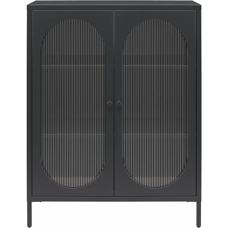 Short 2 Door Accent Cabinet with Fluted Glass, Black Storage Cabinets