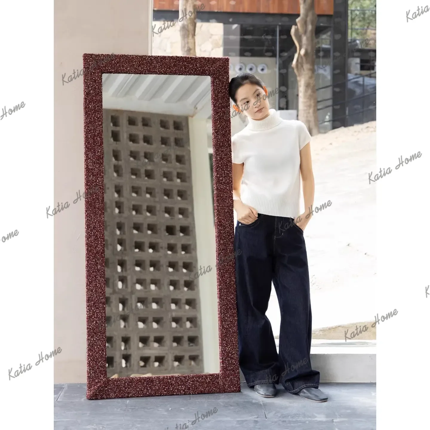 Retro Style Home use Living Room Decorative mirror Coarse Wool Fabric Creativity Design Full body Mirror Bedroom Makeup Mirror