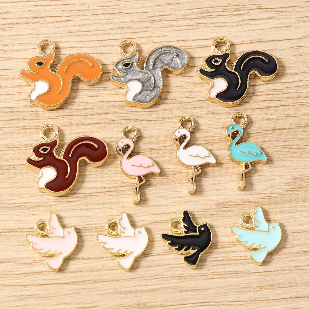 Tusember 10 Stück niedliche Tier-Emaille-Anhänger mit Tauben-, Flamingo- und Eichhörnchenmotiv für Schmuckherstellung, Zubehör, handgefertigte Ohrringe, Armbänder – Detail 2