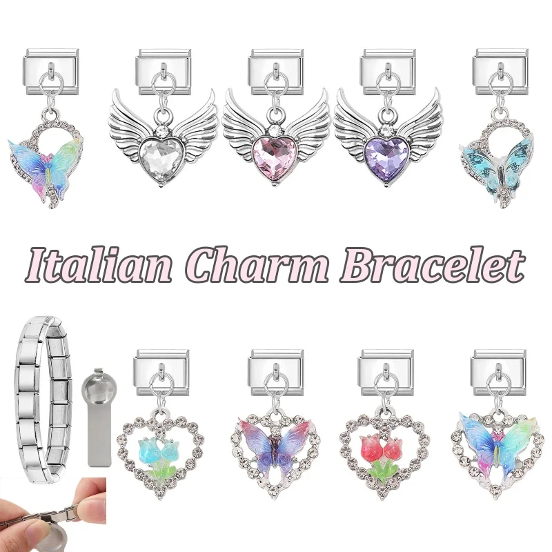 New Fashion New Bow Knot Angel Wings Shiny Link Italian Charm Fit 9mm Bracelet Stainless Steel Making DIY Jewelry