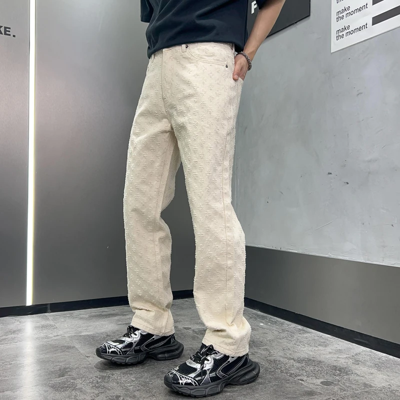 Creamy-white loose jeans men's fashion Embroidery Street hip-hop trend wide leg straight Korean style casual trousers