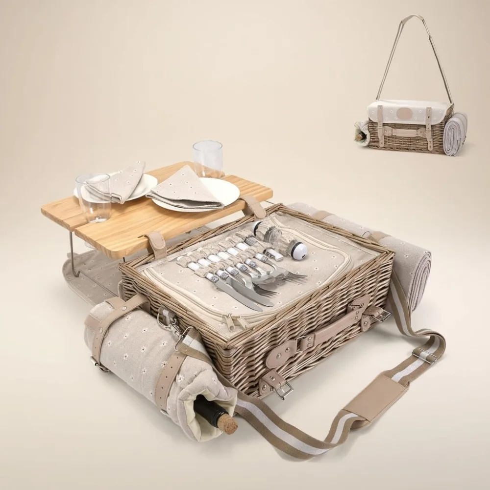 

Insulated Picnic Basket Set for 2 with Table & Blanket, Romantic Outdoor Camping Gift for Couples