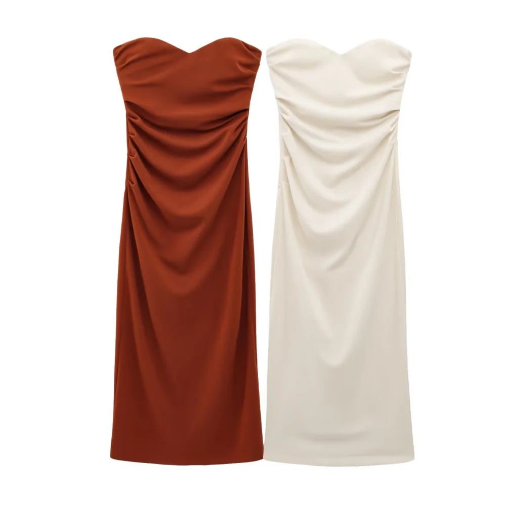 

2025 BM MD ZA Women's Strapless Midi Dresses in Brown and Cream with Ruched Detail Elegant and Feminine Fashion Choices