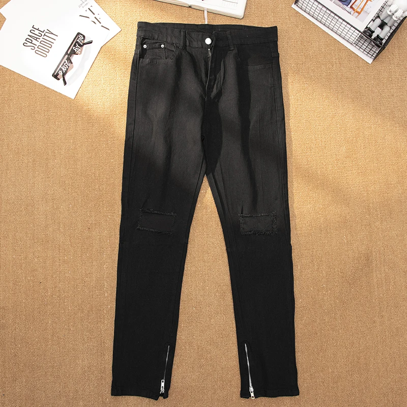 

Trendy Men's Ripped Jeans Summer Thin Straight Leg Zipper Casual Pants High Street Sle Wear Resistant Long Trousers