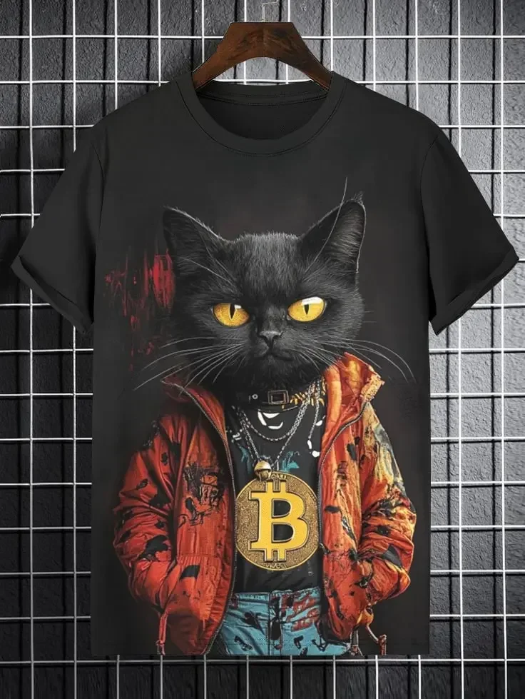 حجم كبير الكرتون الرجال تي شيرت القط الأكل البيتزا الفن ثلاثية الأبعاد بلايز الرجال النساء قصيرة الأكمام ONeck المحملة عادية الشارع Y2k ملابس علوية