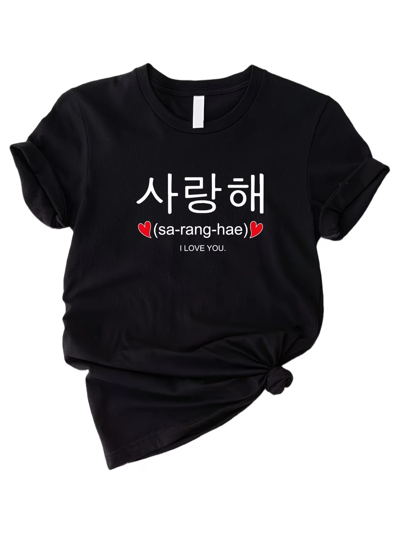 Korean Saranghae I Love You T-Shirt Women K-Pop Fans Heart Graphic Print Top Summer Loose Short Sleeve Casual Fashion Tees