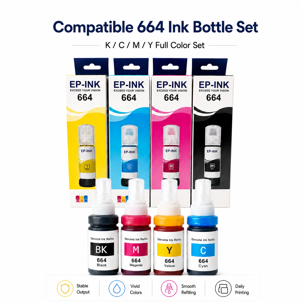 Conjunto de Garrafas de Tinta Compatíveis para Epson 664 KCMY, Tinta de Refil Preta, Ciano, Magenta e Amarela para Impressora EcoTank