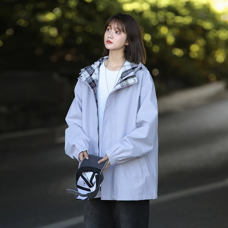

Casual Loose Versatile Windbreaker Jacket for Women New Spring Autumn 2026 Fashion Hooded Windproof Checkered Outdoor Sport Top