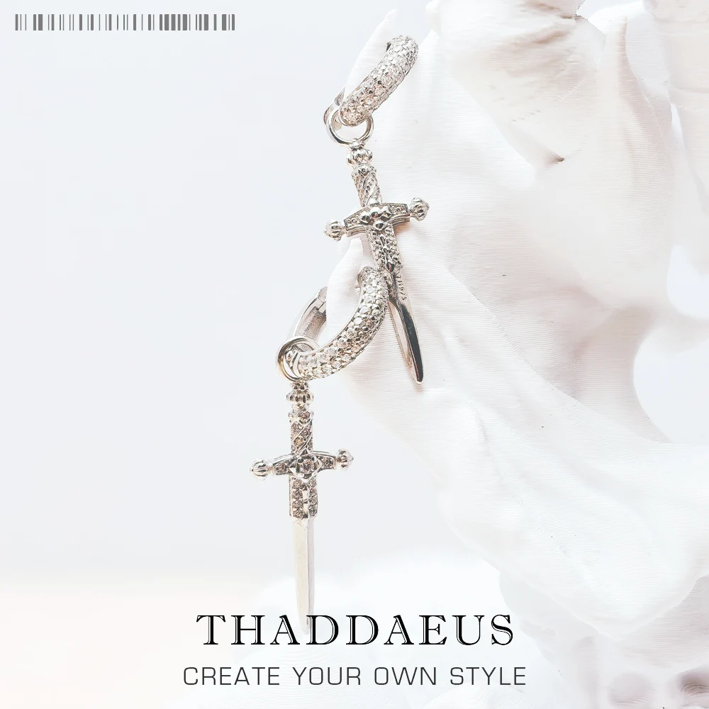 

White Zircon Pave Sword Cross Creole Hinged Hoop Earrings Fine Jewelry For Women Men Vintage Gift In 925 Sterling Silver