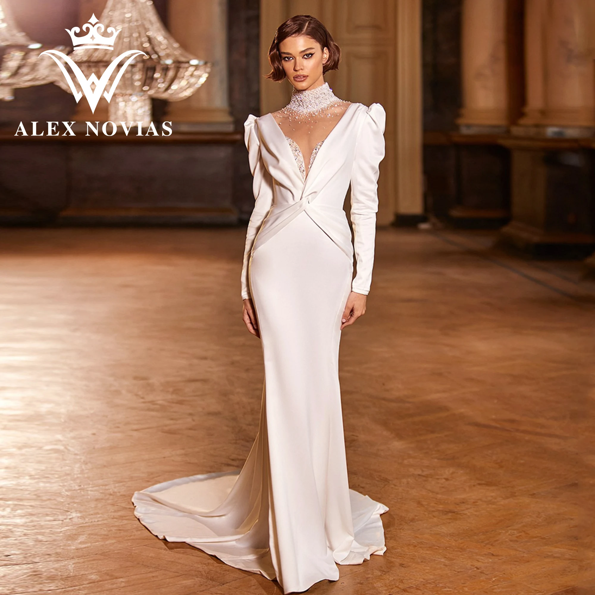 

ALEX NOVIAS 2IN1 Mermaid Long Sleeve Wedding Dress With Jacket 2023 Halter Beading CRYSTAL Satin Dress Vestidos Novias De Saten