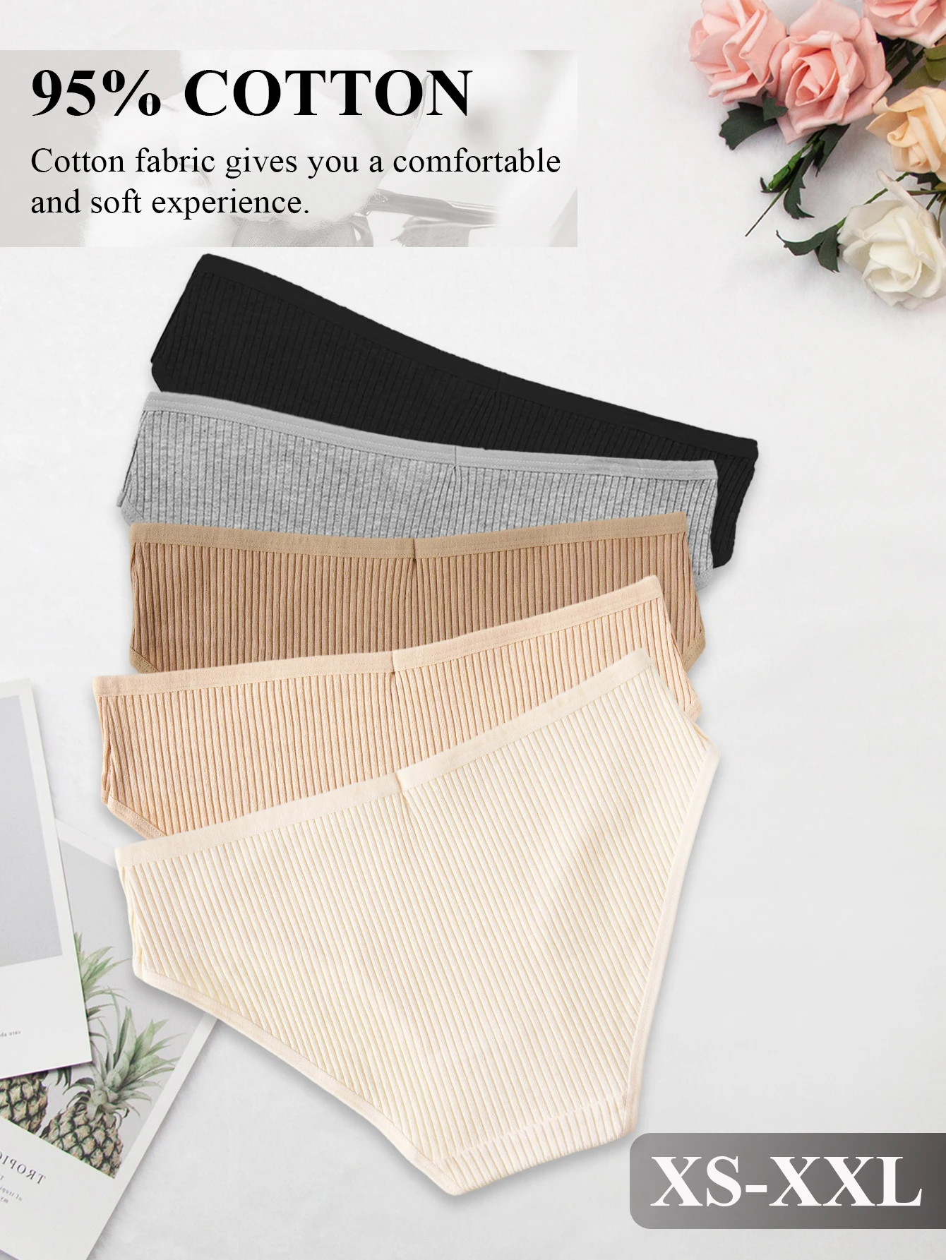 10PCS Women's Pure Cotton Panties Ribbed Briefs Low-Rise Breathable Female Soft Underwear Solid Colors Lingerie Stylish Casual - Image 4